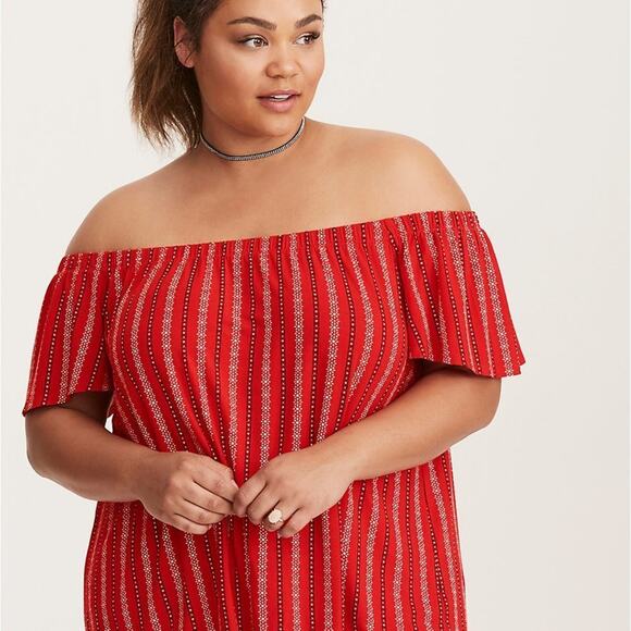 Torrid Border Print Off Shoulder Top Bohemian Southwest Red Line 1X - Picture 2 of 5